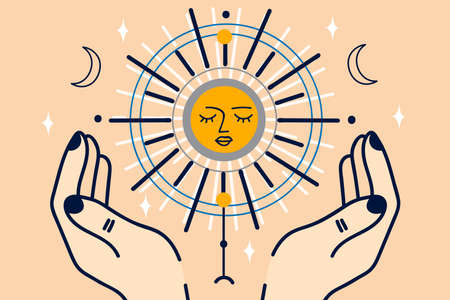 Woman hold sun and moon in handsのイラスト素材
