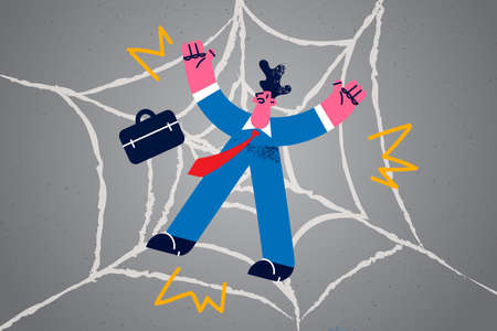 Unhappy businessman trapped in spider web networkのイラスト素材