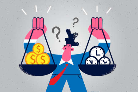 Confused businessman hold scales find balance between time and money in life. Frustrated man worker...