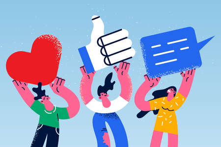 Young people show signs give feedback on serviceのイラスト素材