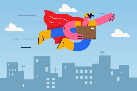 Courier as superhero deliver parcel to clientのイラスト素材