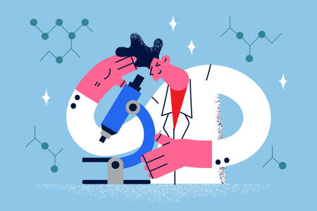 Man scientist look in microscope make experiments
