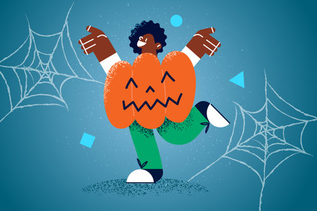 Happy ethnic kid in pumpkin costume celebrate Halloweenのイラスト素材