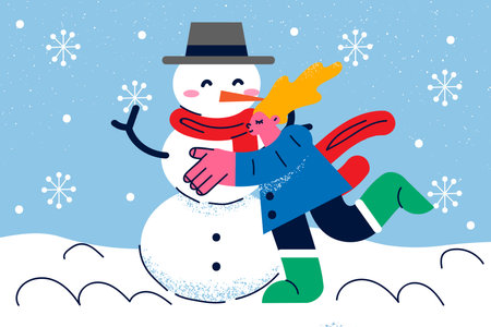 Happy little girl make snowman outdoorのイラスト素材