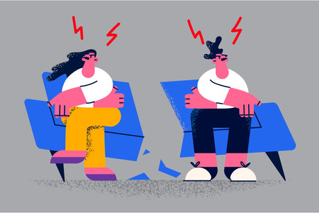 Angry couple sit on broken couch have fightのイラスト素材