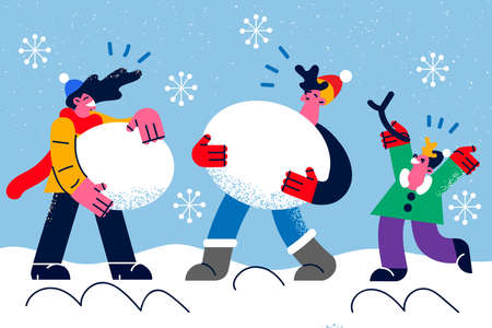 Happy family with child make snowman outdoorのイラスト素材