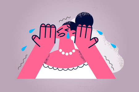 Unhappy bride feel stressed cry at weddingのイラスト素材