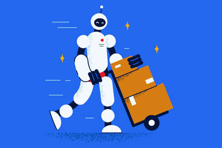 Robot with parcel help deliver package to clientのイラスト素材