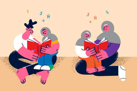 Happy muslim family with children read booksのイラスト素材