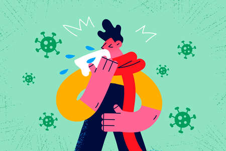 Unhealthy guy blow nose struggle with coronavirusのイラスト素材
