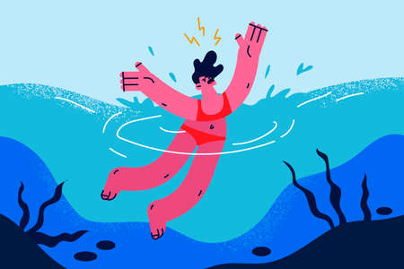 Worried woman drowning in sea water beg for helpのイラスト素材