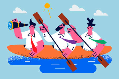 Employees sail in boat motivated for shared resultのイラスト素材