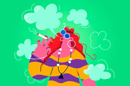 Hippie woman smoke weed enjoy free lifeのイラスト素材