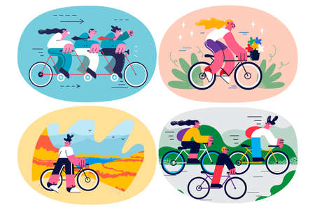 Set of happy person enjoy summer hobby riding bike