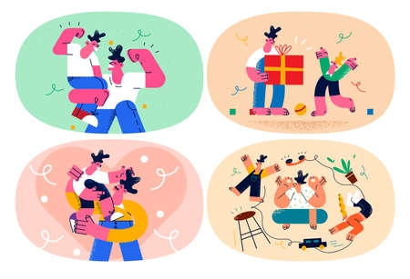 Set of loving father have fun play with small kidのイラスト素材