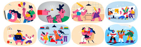 Set of parents play spend time with kids