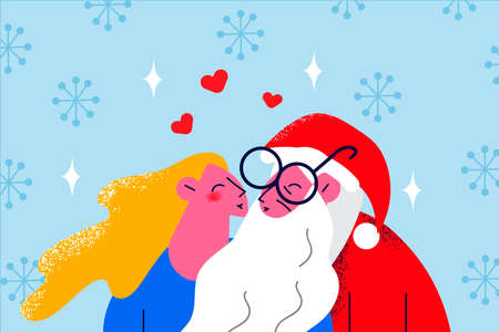 Santa Claus kiss smiling young womanのイラスト素材