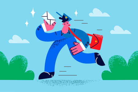 Happy postman deliver letter to client