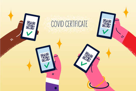 Diverse people show corona certificates on cellphone