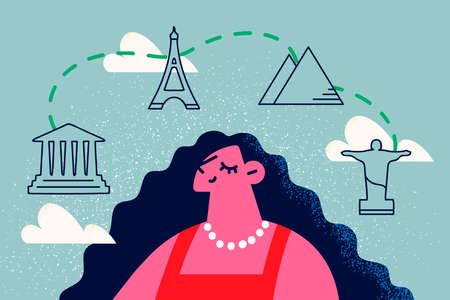 Happy woman dream of traveling around worldのイラスト素材