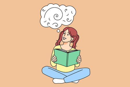 Smiling girl child read book imaginingのイラスト素材