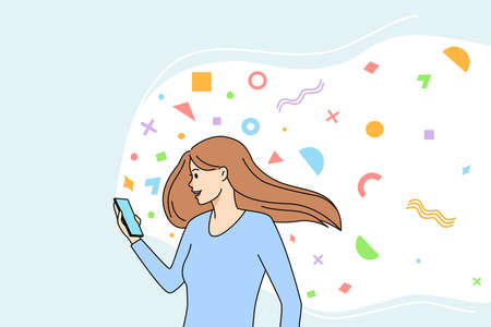 Smiling woman walk work remote on smartphoneのイラスト素材