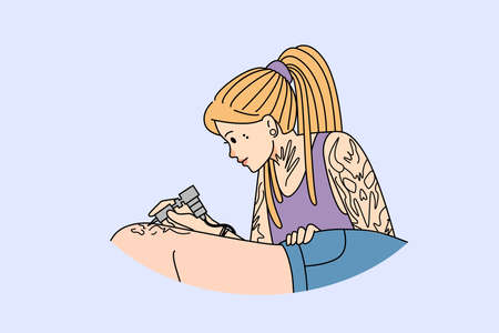 Woman artist draw ink tattoo on client bodyのイラスト素材