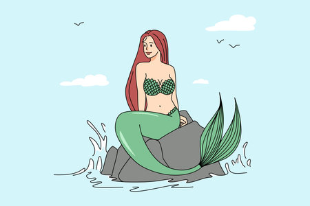 Beautiful mermaid sitting on stone in seaのイラスト素材
