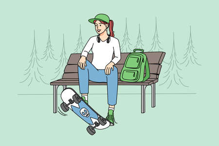 Teen girl with skateboard sitting on benchのイラスト素材