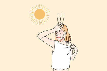 Overheated woman suffer from hot weatherのイラスト素材