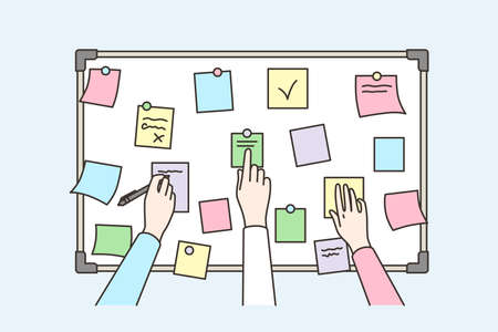 Colleagues brainstorm using sticky notes on boardのイラスト素材