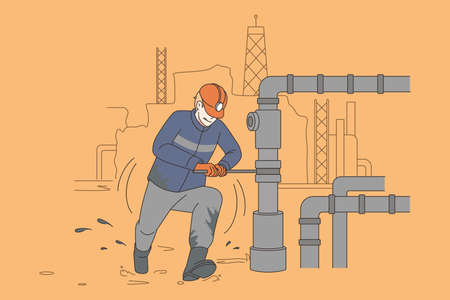 Male worker repair pipe at oil production siteのイラスト素材