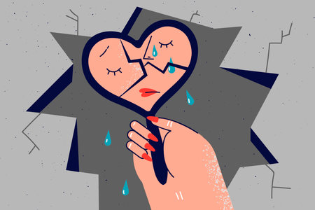 Unhappy woman look in broken mirror cryingのイラスト素材