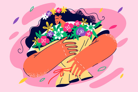 Happy woman holding flowers bouquetのイラスト素材