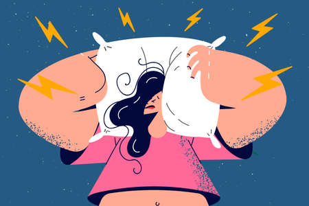 Stressed woman cover ears with pillowのイラスト素材