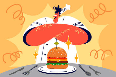 Proud male chef presenting burgerのイラスト素材