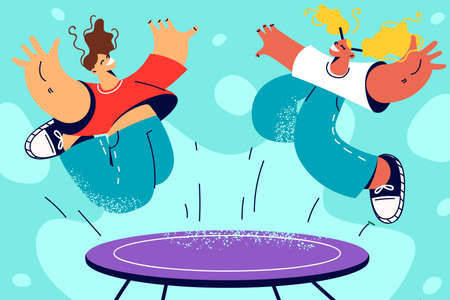 Happy kids jumping on trampolineのイラスト素材