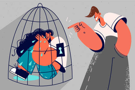 Bad man laughing at girl sitting in cageのイラスト素材