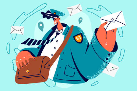 Smiling postman with letters in hands