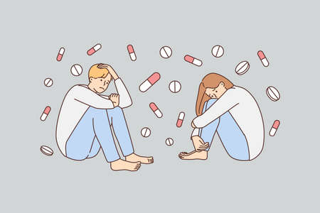 Unhappy people suffer from medication dependenceのイラスト素材