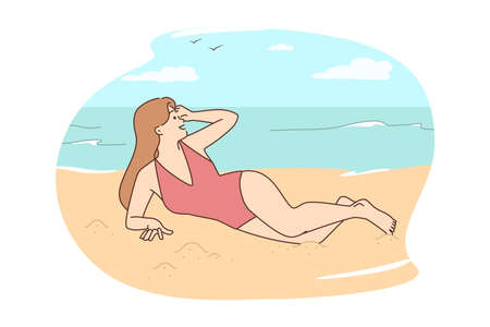 Woman in bikini lying on beachのイラスト素材