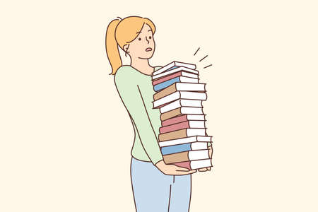 Young woman carrying pile of booksのイラスト素材
