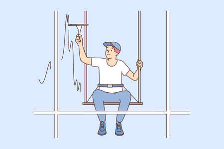 Man hanging on ropes clean building windowのイラスト素材