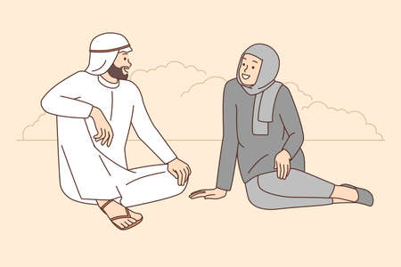 Happy Arabic couple talking outdoorsのイラスト素材