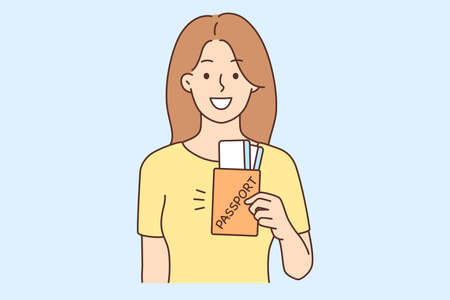 Smiling woman with passport excited with travelのイラスト素材
