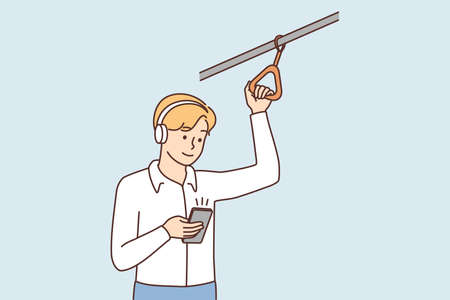 Man in headphones with smartphone in transportのイラスト素材