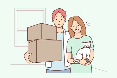Happy couple with cat on moving dayのイラスト素材