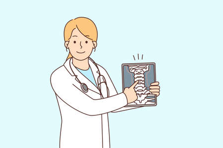 Smiling female doctor show body organ on tabletのイラスト素材