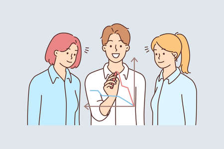 Smiling businesspeople work discuss financial chartのイラスト素材