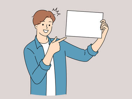 Smiling point at white placard